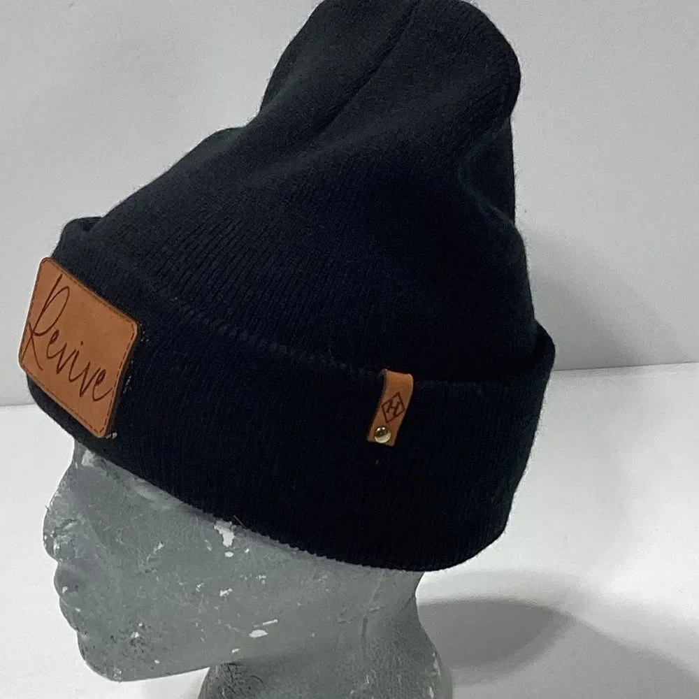 Black Knit Hat Beanie Revive Leather Front Patch With H Logo